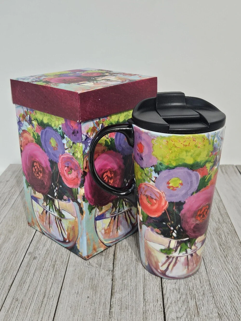 The Perfect Cup 17 oz. Ceramic Floral Cup Travel Mug by Cypress Home with Decora